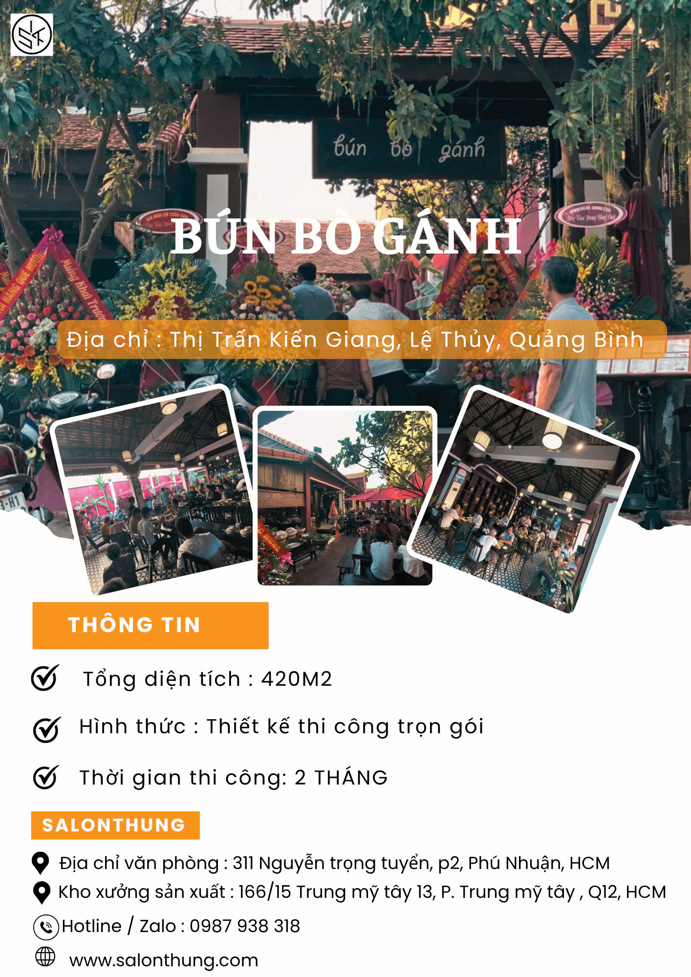 Thi công nhà hàng gỗ Bún Bò Gánh Kiến Giang Lệ Thủy Quảng Bình 420m2 - Salonthung